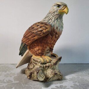 Bald Eagle Standing on Tree Stump Matte Finish Ceramic Figurine Japan 6.5" Tall